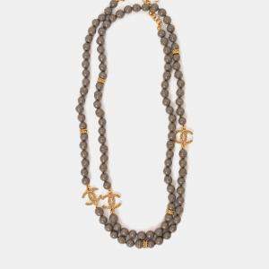 Pre Owned Chanel 2024 Grey Gold Tone Faux Pearls/Strass CC Logo Long Necklace