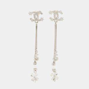 Pre Owned Chanel Cc Logo No5 Faux Pearl Clover Earrings Silver Metal Rhinestone Faux Pearl
