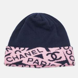 Pre Owned Chanel Navy Blue/Pink CC Intarsia Cashmere Beanie