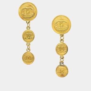 Pre Owned Chanel Dangle Button Earrings Clip-On Gold
