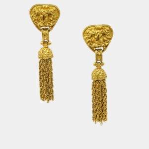 Pre Owned Chanel Fringe Dangle Earrings Clip-On Gold