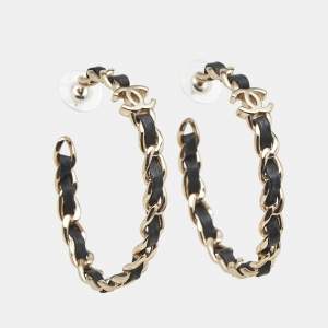Pre Owned Chanel CC Leather Gold Tone Earrings