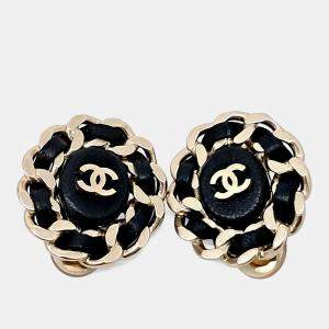 Pre Owned Chanel Black, Gold CC Logo Clip-on Earrings