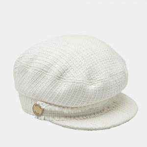 Pre Owned Chanel White Tweed Cap S