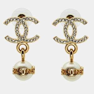 Pre Owned Chanel CC Faux Pearl Crystal Gold Tone Drop Earrings