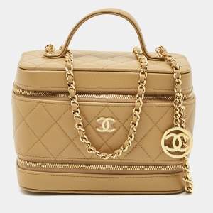 Pre Owned Chanel CC Vanity Case Chain Beige Quilted Caviar Leather Bag 