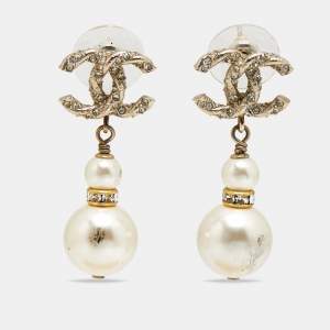 مملوكة مسبقًا Chanel CC Faux Pearl Crystals Gold Tone Drop Earrings
