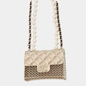 Pre Owned Chanel Matelasse Motif Chain Necklace Gold Pearl Metal Leather