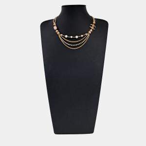 Pre Owned Chanel Gold Pearl Embellished Stone Layered Necklace