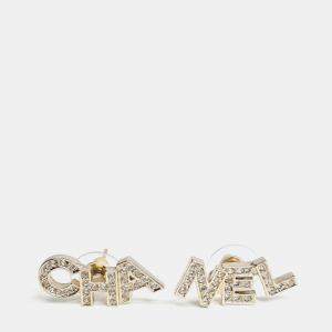 Pre Owned Chanel Logo Letter Studs Gold Crystals Earrings