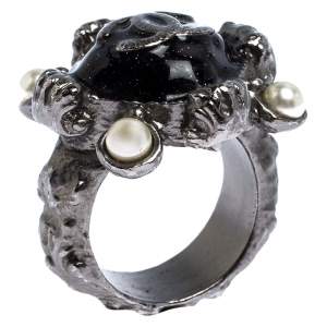 Pre Owned Chanel CC Black Enamel Silver Tone Cocktail Ring Size 54