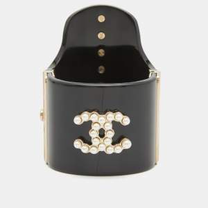 Chanel CC Black Resin Faux Pearls Embedded Asymmetric Cuff Bracelet