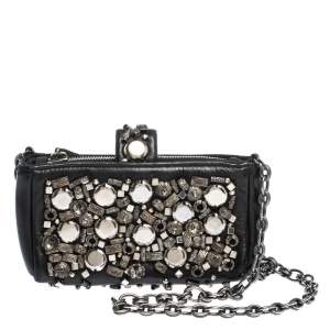 Chanel Black Leather Embellished Phone Holder Chain Clutch