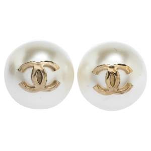 Pre Owned Chanel CC Faux Pearl Oversized Gold Tone Stud Earrings