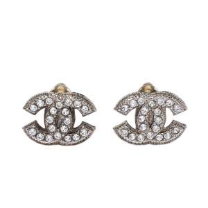 Pre Owned Chanel Silver Tone Crystal CC Clip-On Stud Earrings