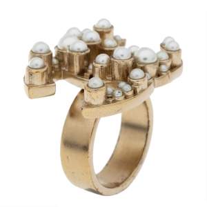 Chanel CC Logo Faux Pearl Pale Gold Tone Ring Size 54.5