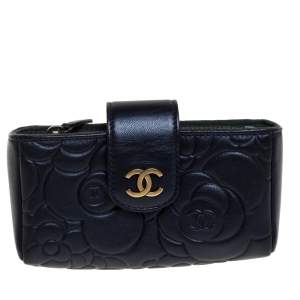 Pre Owned Chanel Metallic Navy Blue Camellia Embossed Leather Phone Pouch