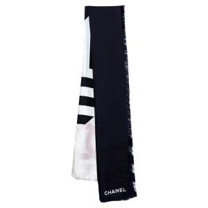 Pre Owned Chanel Blue & White Geometric Print Silk Shawl