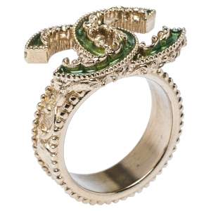 Chanel CC Green Enamel Gold Tone Ring Size 52