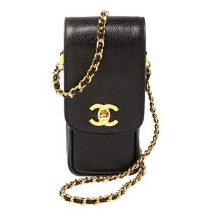 Pre Owned Chanel Black Caviar Leather Vintage CC Chain Phone Holder
