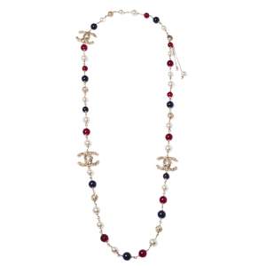 Chanel CC Resin Faux Pearl Gold Tone Long Necklace