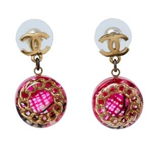 Chanel Pink Tweed Inlay Round CC Drop Earrings