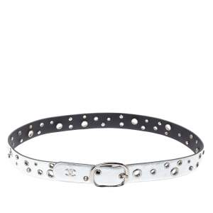 Chanel Metallic Silver Leather Grommet and Crystal Embellished Belt 80 CM
