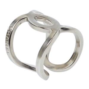 Chanel Brushed Silver Tone CC Open Cuff Ring Size EU 53