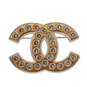 Chanel Two Tone Metal Crystal Pave CC Pin Brooch