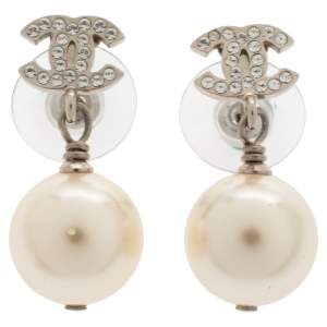 Chanel Silver Tone Faux Pearl & Crystal CC Drop Earrings