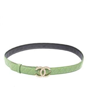 Chanel Mint Green Quilted Leather CC Pearl Belt 85CM