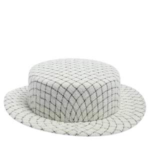 Pre Owned Chanel White Fantasy Tweed Boater Hat L