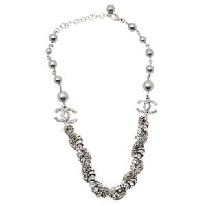 Chanel Silver Tone Faux Pearl & Crystal Twisted Chain Necklace