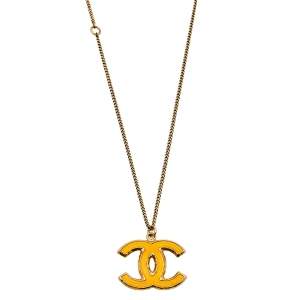 Chanel Gold Tone Enamel CC Pendant Necklace