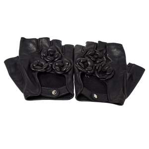 Pre Owned Chanel Black Lambskin Leather Camellia Fingerless Gloves 8.5