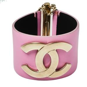 Chanel Pink Leather CC Gold Tone Wide Cuff Bracelet M