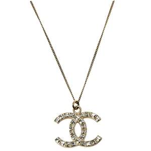 Pre Owned Chanel Pale Gold Tone Crystal CC Pendant Necklace
