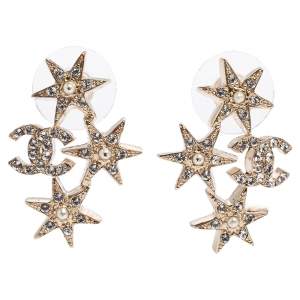 Chanel Pale Gold Tone Crystal CC Star Stud Earrings