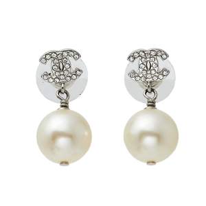 Pre Owned Chanel Faux Pearl & Crystal CC Drop Earrings