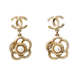 Chanel Pale Gold Tone Crystal Camellia Drop Earrings