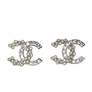 Pre Owned Chanel Silver Tone Baguette Crystal CC Stud Earrings 
