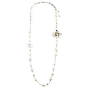 Chanel CC Faux Pearl Silver Tone Station Long Necklace