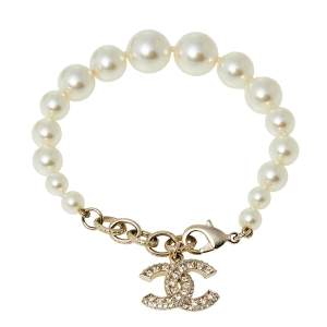 Chanel Cream Faux Pearl & Crystal CC Charm Gold Tone Bracelet