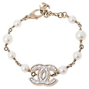 Chanel Gold Tone Quilt Patterned CC Pearl Bracelet