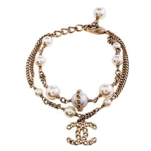 Chanel Gold Tone Pearl Double Chain CC Charm Bracelet