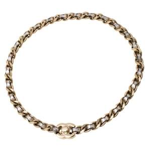 Pre Owned Chanel Gold Tone Chain Metallic Leather Woven CC Turnlock Choker Necklace