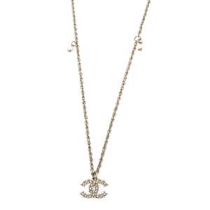 Chanel Gold Tone CC Pearl and Crystal CC Pendant Long Necklace
