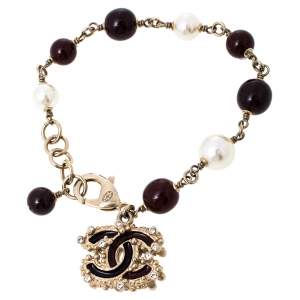 Chanel Pale Gold Tone Burgundy & Cream Beaded CC Charm Bracelet 