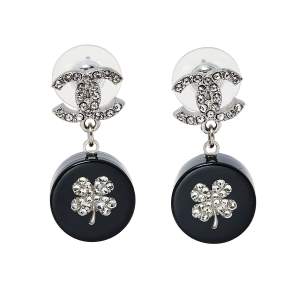 Chanel Silver Tone Crystal Clover Drop Earrings