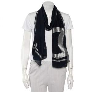 Pre Owned Chanel Navy Blue Logo Lurex Jacquard Silk Scarf